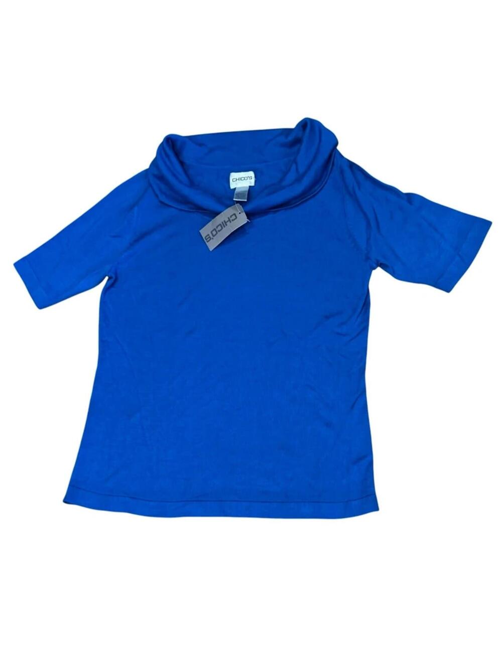 NWT Chicos 0 Cowl neck Sweater Top Small Blue Silk Short Sleeve Career Office